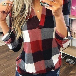 Grid Print V-Neck Casual Blouse